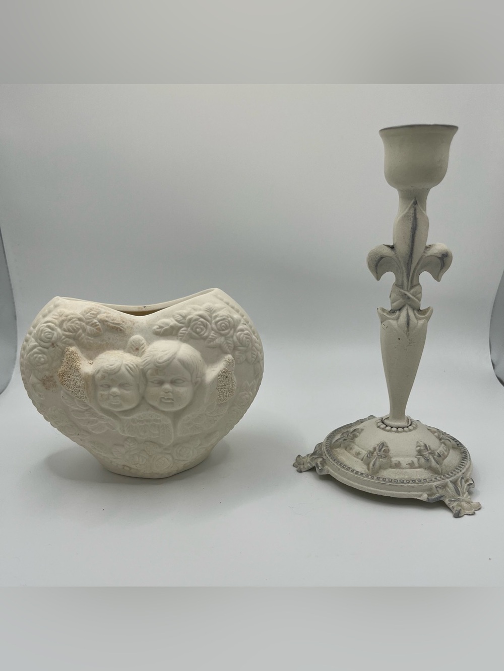 Vintage Cottagecore Metal Candle Holder Ceramic Cherub Vase - Bundle of 2